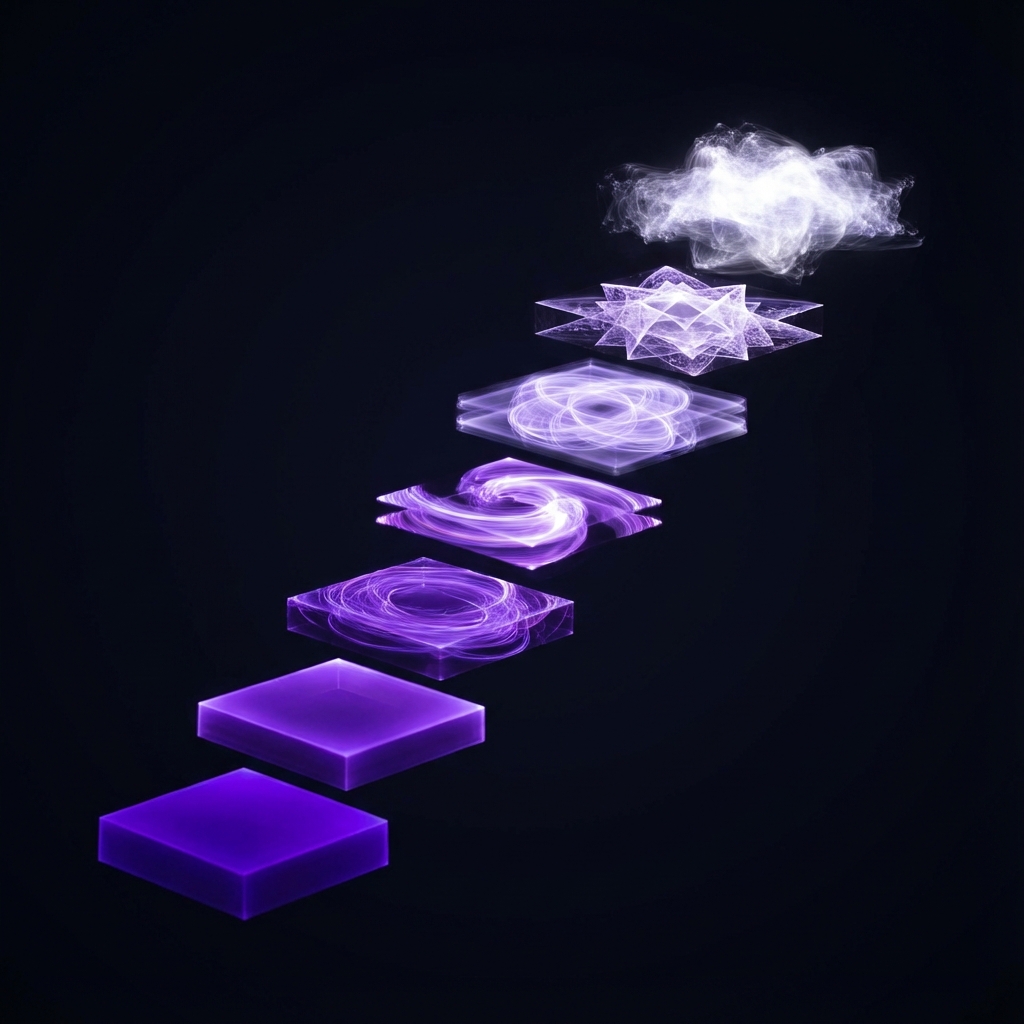 An abstract representation of the seven levels of thought as ascending glowing platforms.