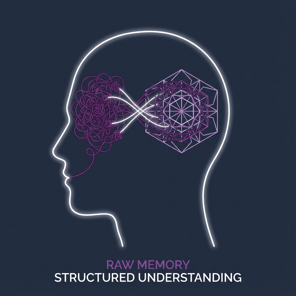Abstract illustration of tangled threads becoming an organized pattern inside a human head.