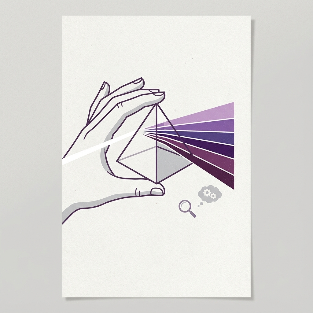 A prism splitting a beam of light, symbolizing analysis and evaluation.