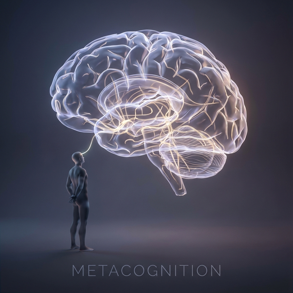 A figure observing a map of their own brain, representing metacognition.