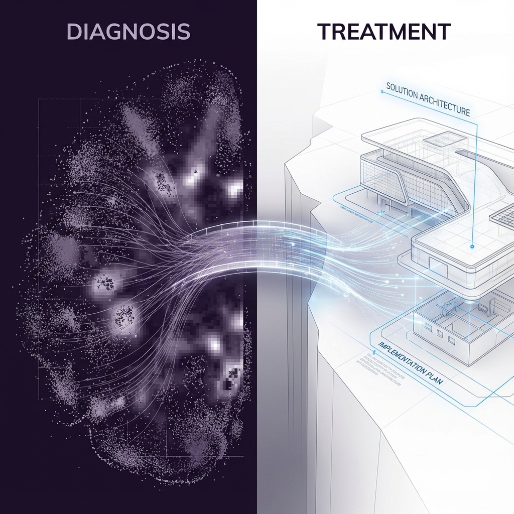 Conceptual graphic contrasting data diagnosis with design treatment.