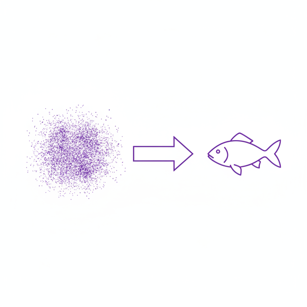 Diagram showing random noise transforming into a coherent image of a fish.
