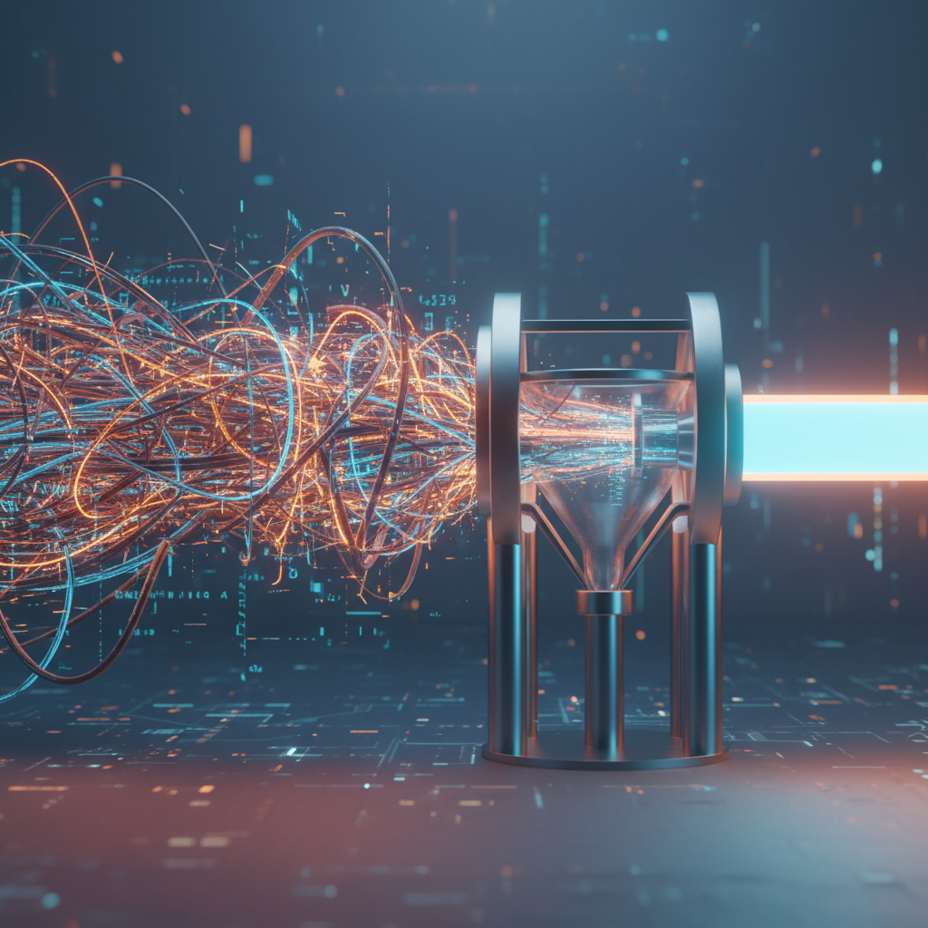 Abstract representation of messy AI data being structured by elegant architecture.