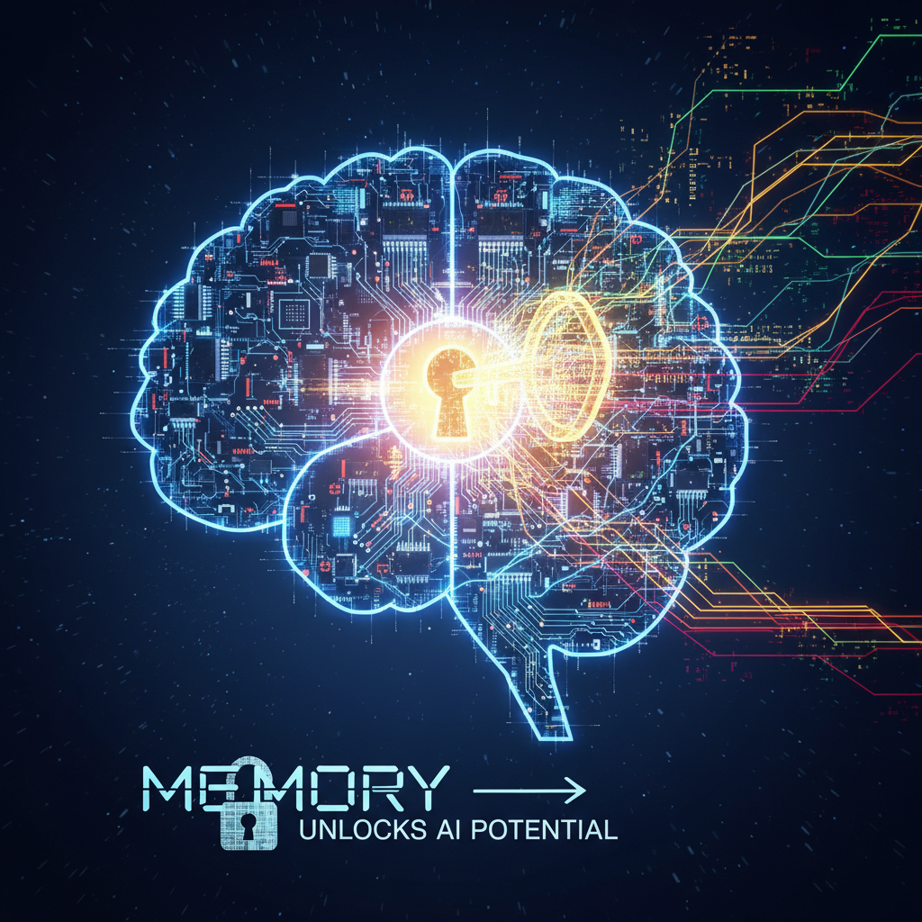 A digital brain with a key unlocking its central memory component, causing it to light up.